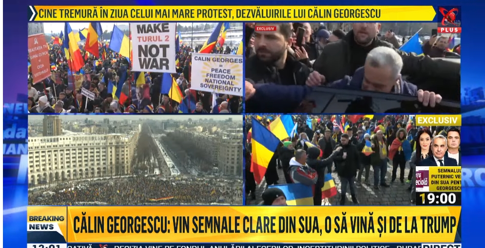 Călin Georgescu a venit în cârje la protestul cu mii de oameni din Piața Constituției